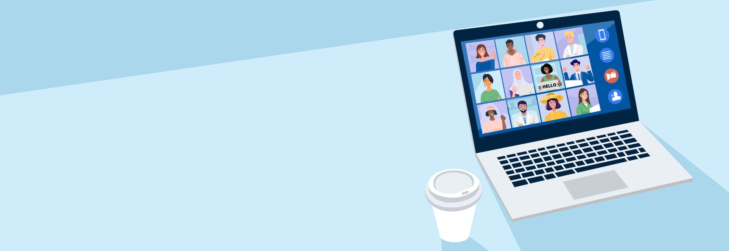 An illustration of a laptop showing a virtual team meeting.