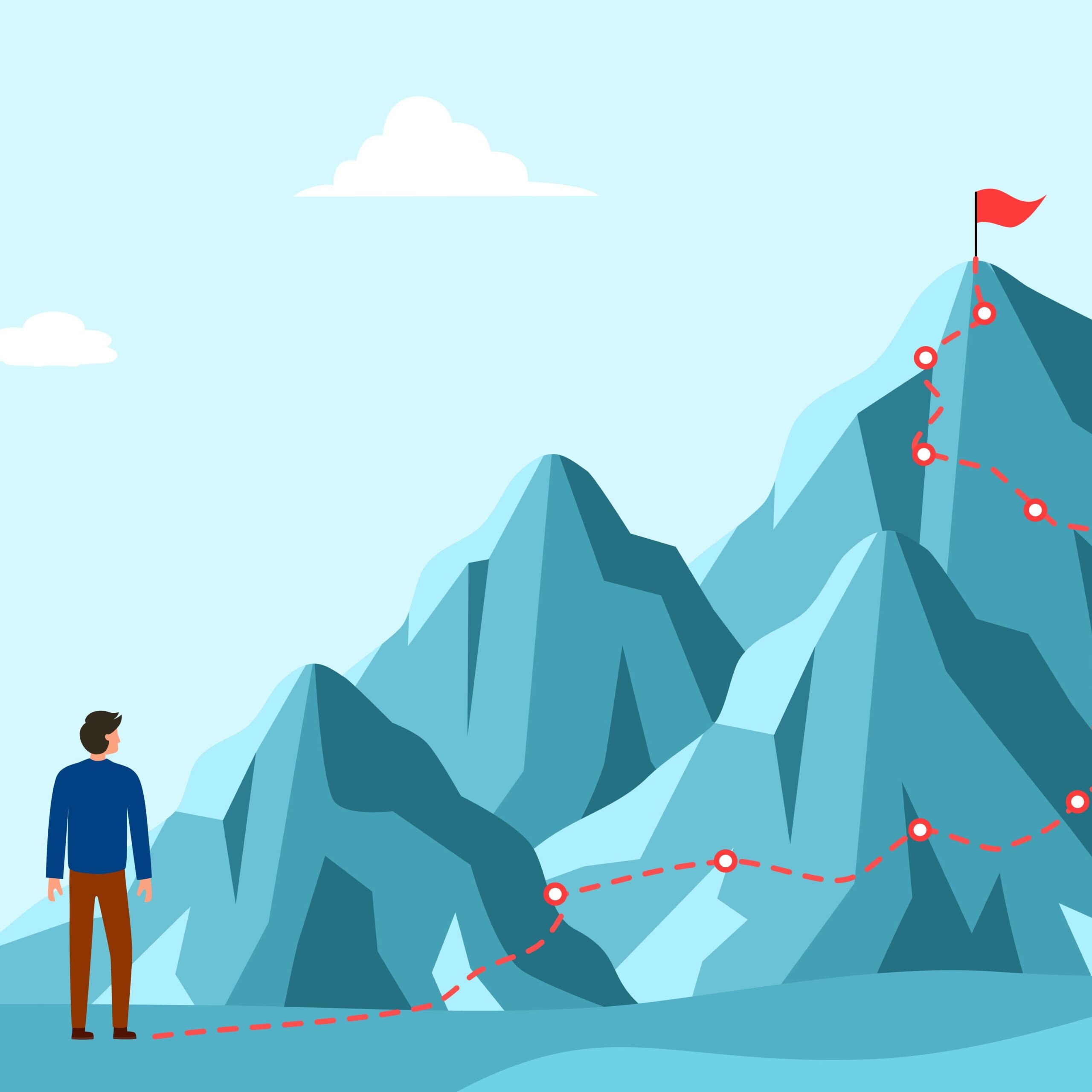 An illustration of a man looking at a path to a flag atop a mountain.